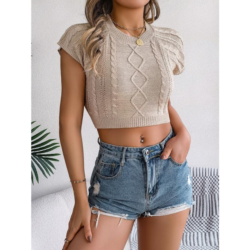 Women Cable Knit Crew Neck Short Sleeve Crop Top