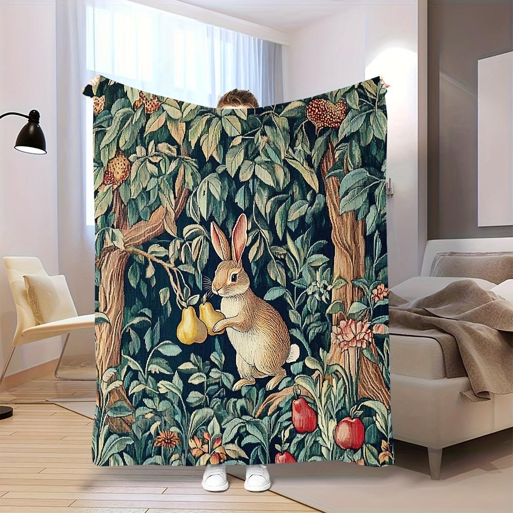 Classic Rabbit and Fruit Pattern Fleece Blanket Botanical Design Soft Warm Throw Boho Interior Decoration Bedding Cover for Home