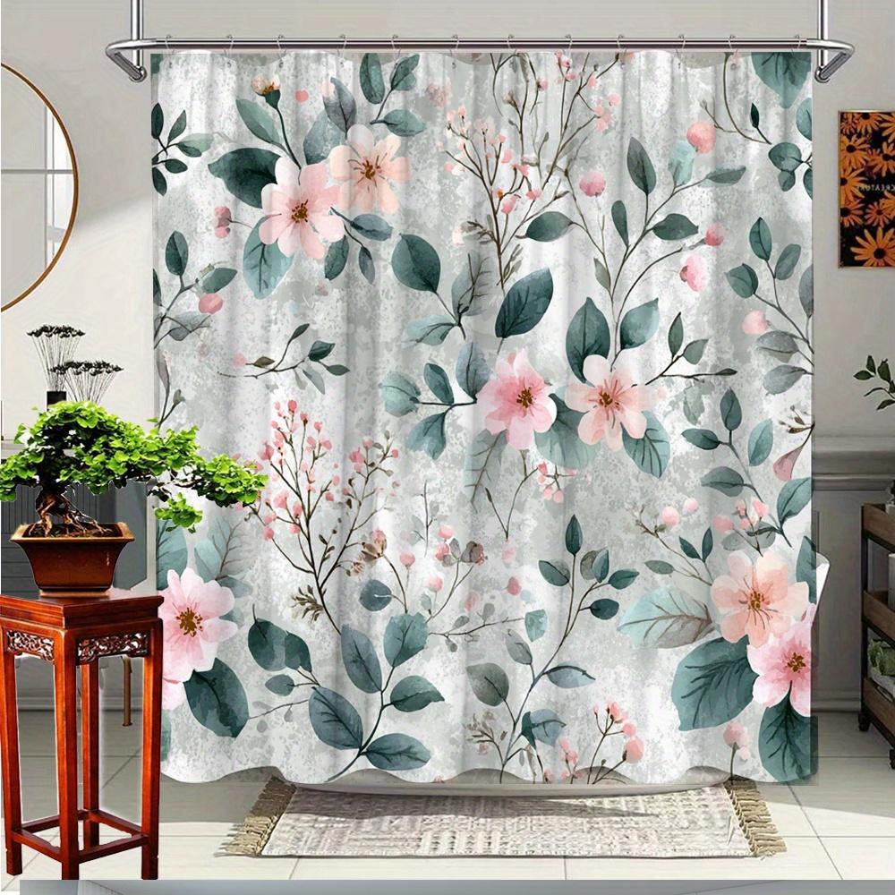 1Pc Floral Bath Curtain With 12 Hooks - Botanical Pink Flowers & Green Leaves Design, Polyester Fabric Shower Curtain