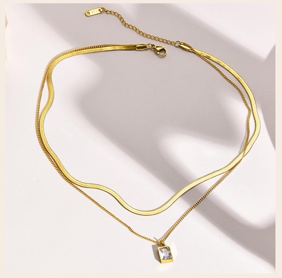 Layering Necklace for Women, Gold Plated Stainless Steel Green Zirconia Rectangle Pendant, Herringbone Chain Choker, Set 2Pcs