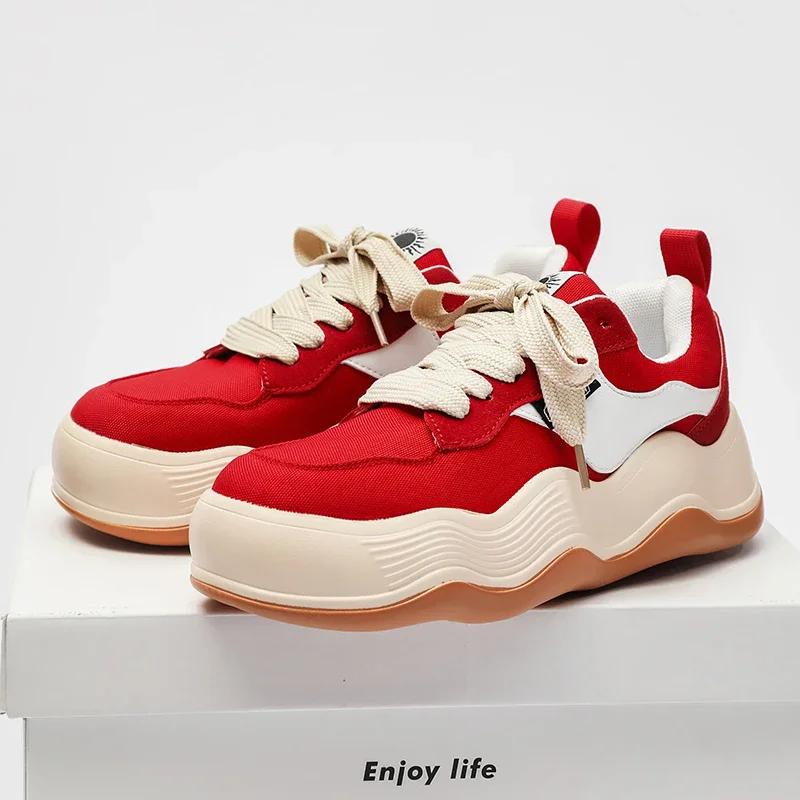 

2025 New Four Seasons Men s Board Shoes Korean Version Thick Sole Fashion Lace-up Shoes Students Casual Breathable Sports Shoes 36 красный