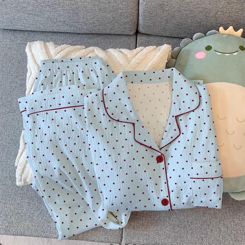 Light Luxury Pajamas Women'S Spring Wrinkled Cloth Long-Sleeved Trousers Thin Sweet Polka Dot Suit Can Be Worn Outside Loungewear