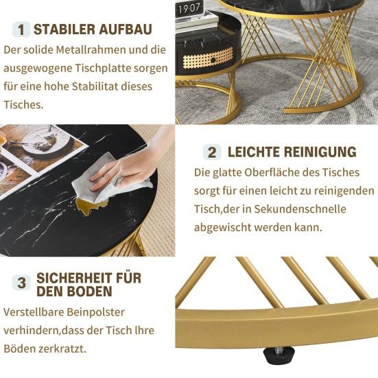 End Table 2 In 1 Round Coffee Made of MDF Side with A Marble Tabletop and Plastic Rattan Sofa Drawers Solid Wood Handles Gold-Colored Iron Legs. 70