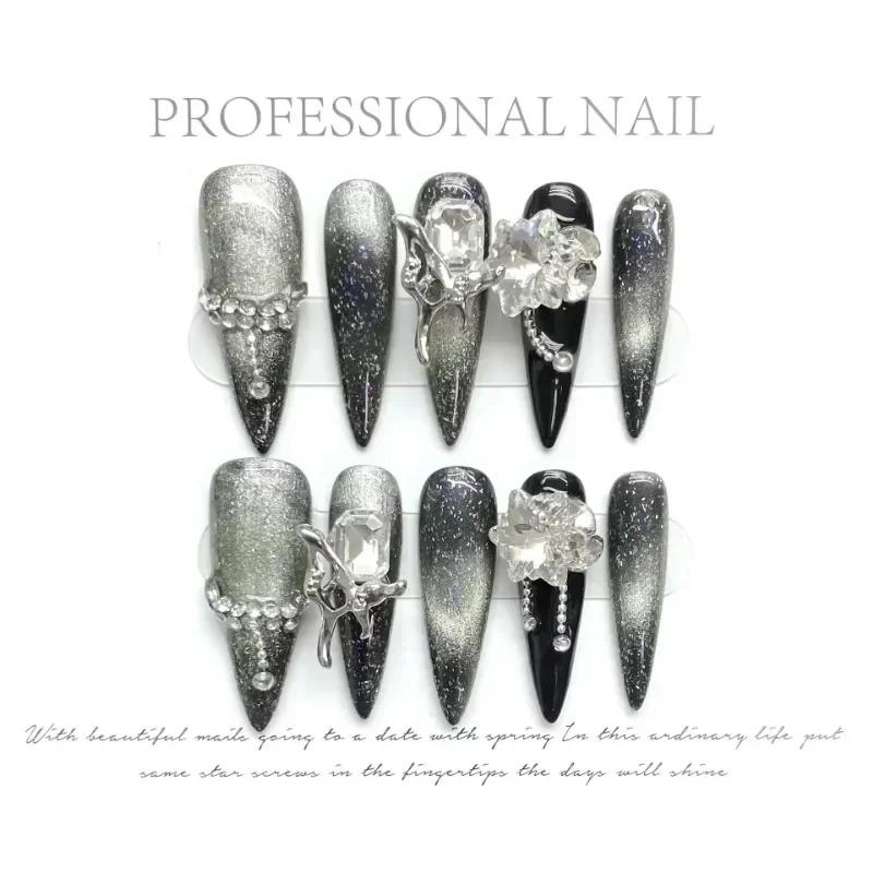 10pc Detachable Stiletto Almond Dark Cool Y2K Press On Nails Ballet Black Chain Handmade Full Cover Fake Nail With Glue Nail Art