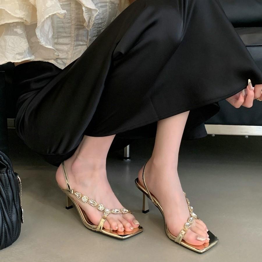 Beautiful sandals women's outer wear 2025 new summer thin heels square head open-toed rhinestones with sexy high heels