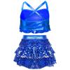 Girls Jazz Dance Performance Costume Glittery Sequins Tiered Ruffles Cross Back Metallic Crop Top Culottes Set