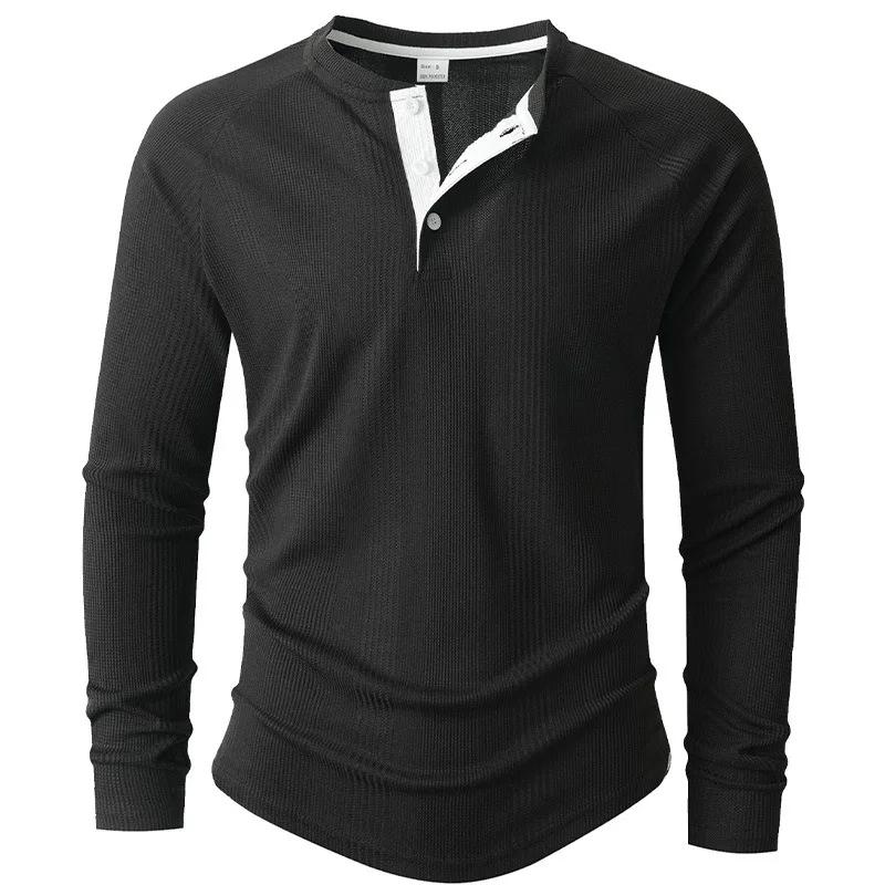 Koszulka bazowa T-shirt Paski pionowe Męska koszulka POLO Nowa okrągły dekolt Długi rękaw Henley