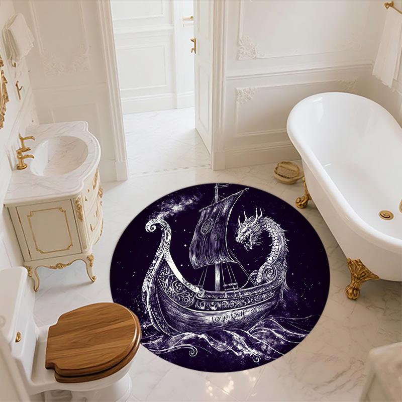 Viking Ship,Round Area Rug,Carpet Rug for Living Room Bedroom Sofa Playroom Decor,Non-slip Floor Mat