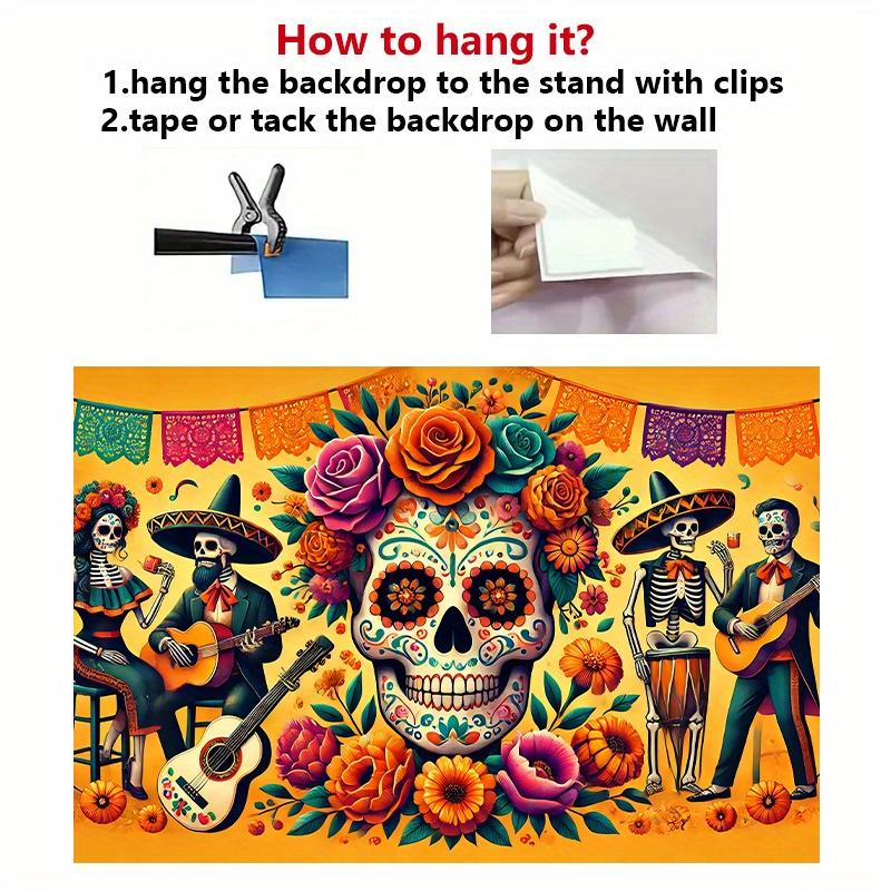 The background banner of the Day of the Dead Carnival - vibrant polyester wall coverings, colorful skulls and floral designs