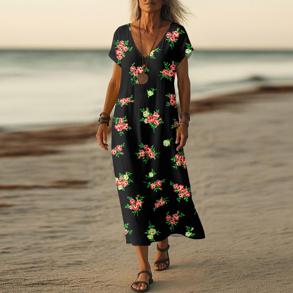 Letní šaty Dámské Dlouhé Boho Plážové šaty Elegantní Maxi šaty Výstřih do V Krátký rukáv Letní Tunikové šaty Lehké Vzdušné