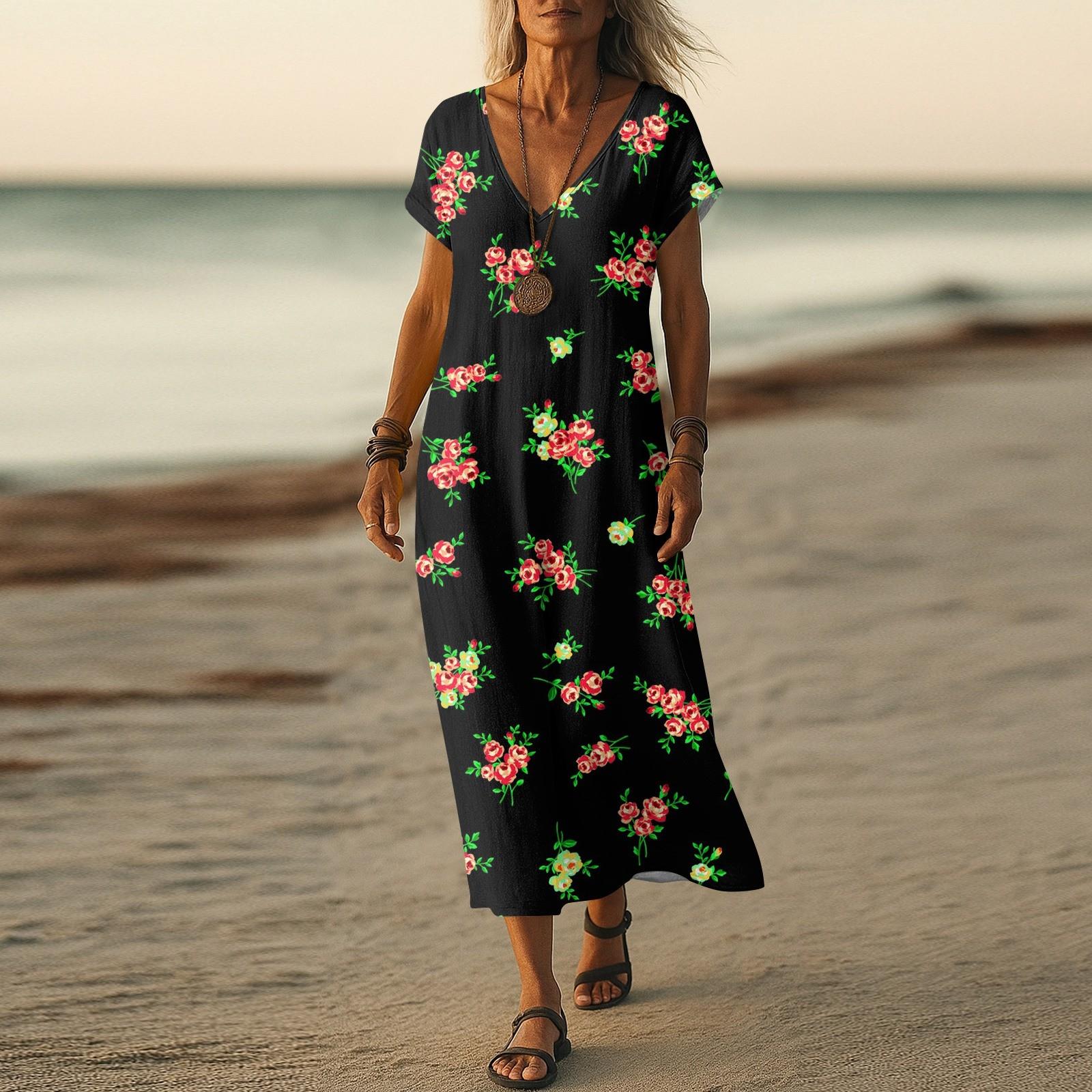 

Літня сукня Жіноча Довга Бохо Пляжна Сукня Елегантна Максі Сукня V-подібний Виріз Короткий Рукав Літня Туніка Легка Повітряна L винний