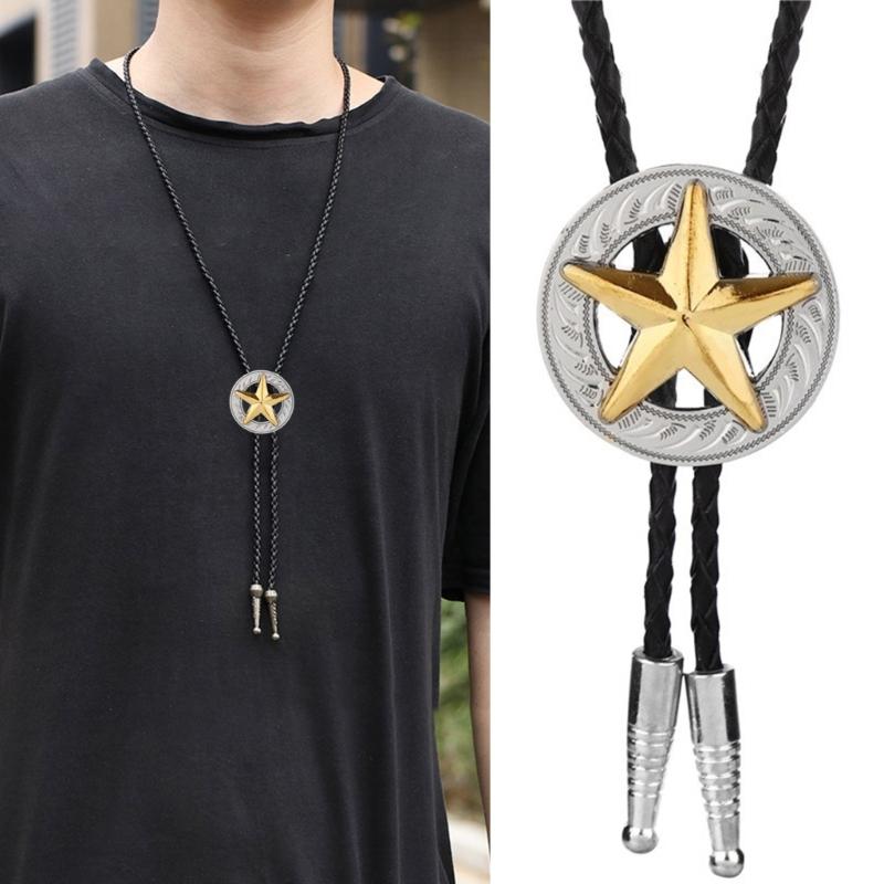 Vintage Metal Star Badge Pendant Cowboy Bolo Tie Western Faux Leather Rope Necktie Jewelry Shirt Collar Chain Necklace