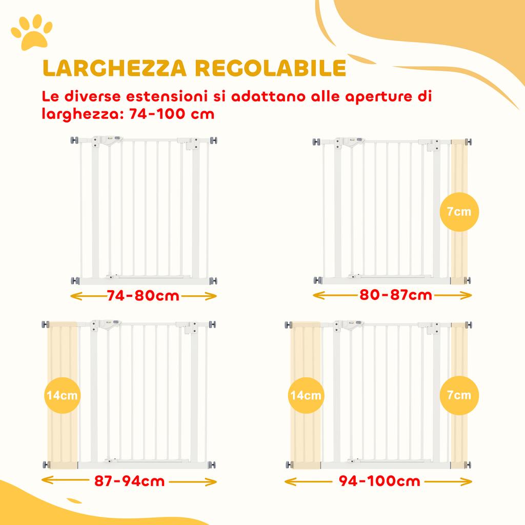 Adjustable Dog Gate Up To 100 Cm Without Screws with 2 Extensions and Height 72 Cm, White