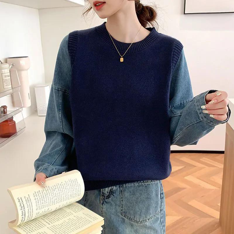WTEMPO O-Ausschnitt Fake Zweiteiler Jeanshemd Pullover Langarm Stitching Stricktop Damen Herbst Winter Rundhals Loose Pullover