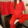 Frühlings- und Sommerpyjama Damen neuwertig groß rot Liebesdruck kurzärmelig dreiteilig Baumwollimitat Loungewear