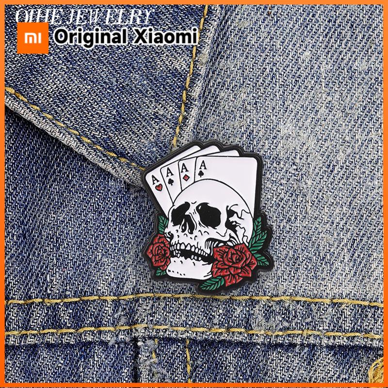 Xiaomi Punk Skull & Four Aces Rose Poker Brooch Enamel Pin Creative Skull Playing Cards Design Brooch Lapel Bag Badge Jewelry Accessory