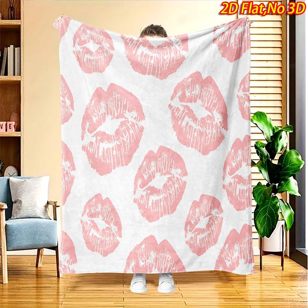 1pc 2D Flat Printing Spring And Summer New Arrival Pink Lip Print Pattern Digital Print Blanket, All-Season Use, Casual Throw, 100% Polyester Fiber So