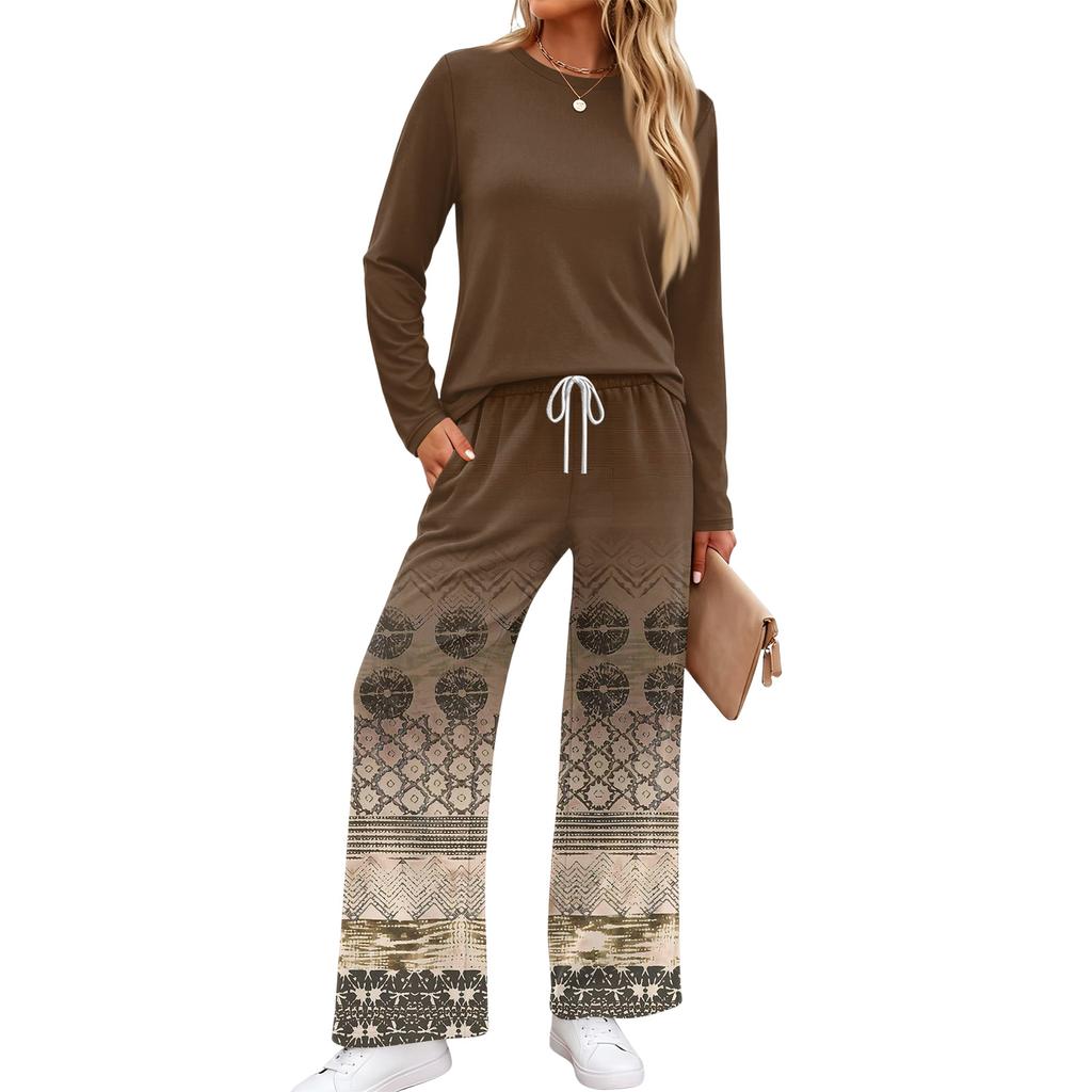 Women's Casual Printed Long Sleeve Round Neck Loose Fit Pajama Set with Pockets for Home Wear