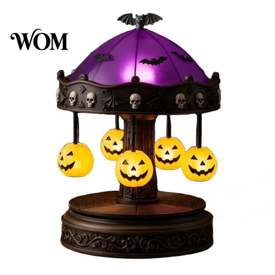 Victorian Gothic Nightlight Ghost Carousel Light, Halloween Night Stained Glass Shade Creepy Table Light with Floating Ghosts/Pumpkins, Spooky