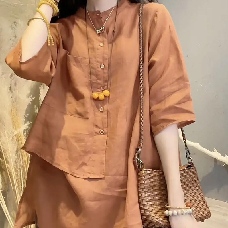 Women's Retro Cotton and Linen Shirt, Spring/Summer 2024, Loose Three-Quarter Sleeves, Belly-Covering, Lightweight Top
