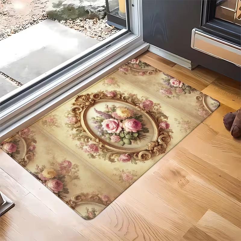 

Vintage Romantic French Rose Lace Print Doormat Shabby Chic Floral Victorian Entryway Rug Soft Non-Slip Indoor Outdoor Carpet 40cm x 60cm