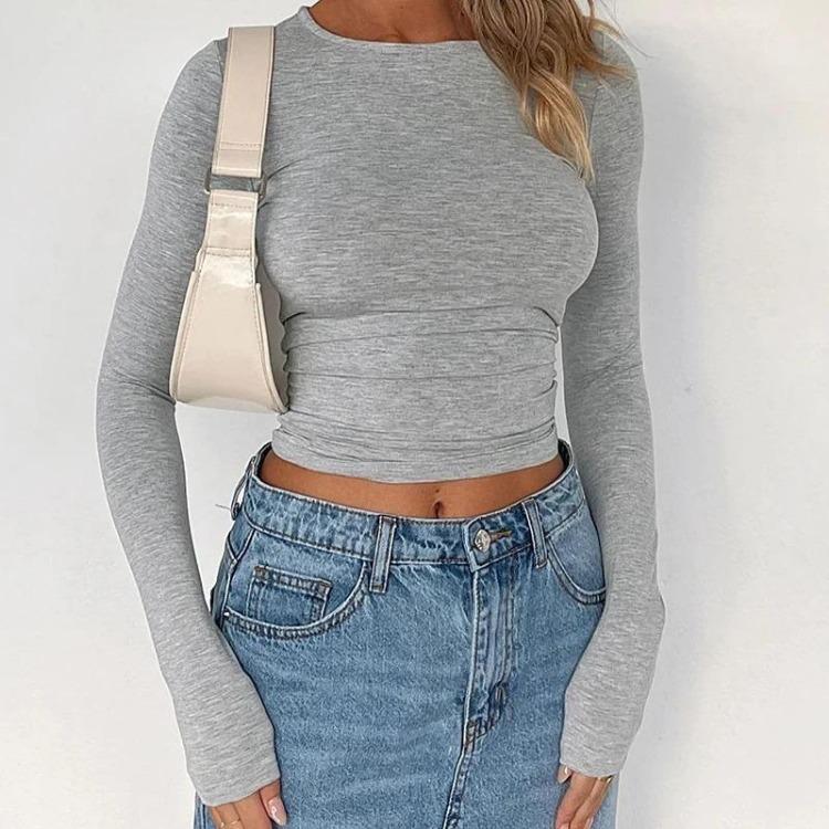 Autumn Fashion Slim Long Sleeve T Shirt Women Solid Color Round Neck Top Wear Inside or Outside