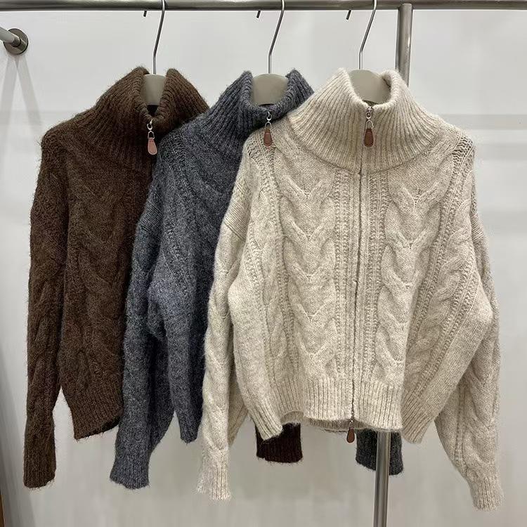 Vintage twist double zipper sweater women's soft waxy plush thick needle knitted top women