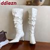 Mode Mode Plissee Party Modern Damen Kniehohe Stiefel Absätze Schuhe Spitze Zehenpartie Damen Lange Stiefel Weibliche Slipper Pumps