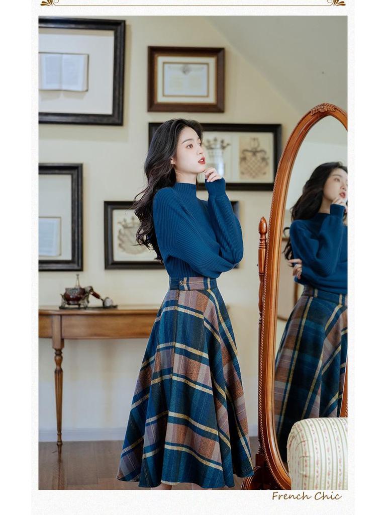 Autumn Blue Plaid Midi Skirt & Sweater Retro Set in Hong Kong Style