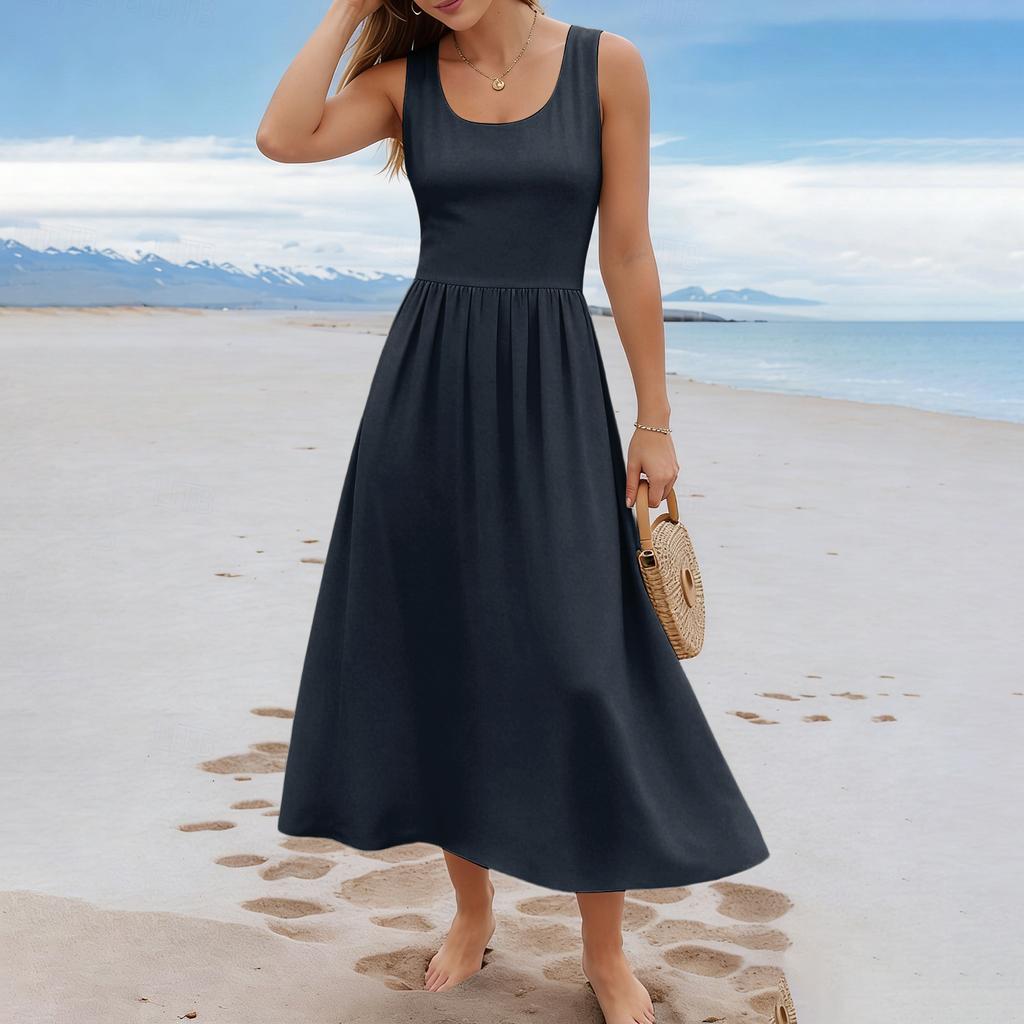 Ärmelloses Langes Freizeitkleid für Damen Sommer Einfarbig Einfach Entspannte Passform Maxikleid für den Alltag Urlaub Büro
