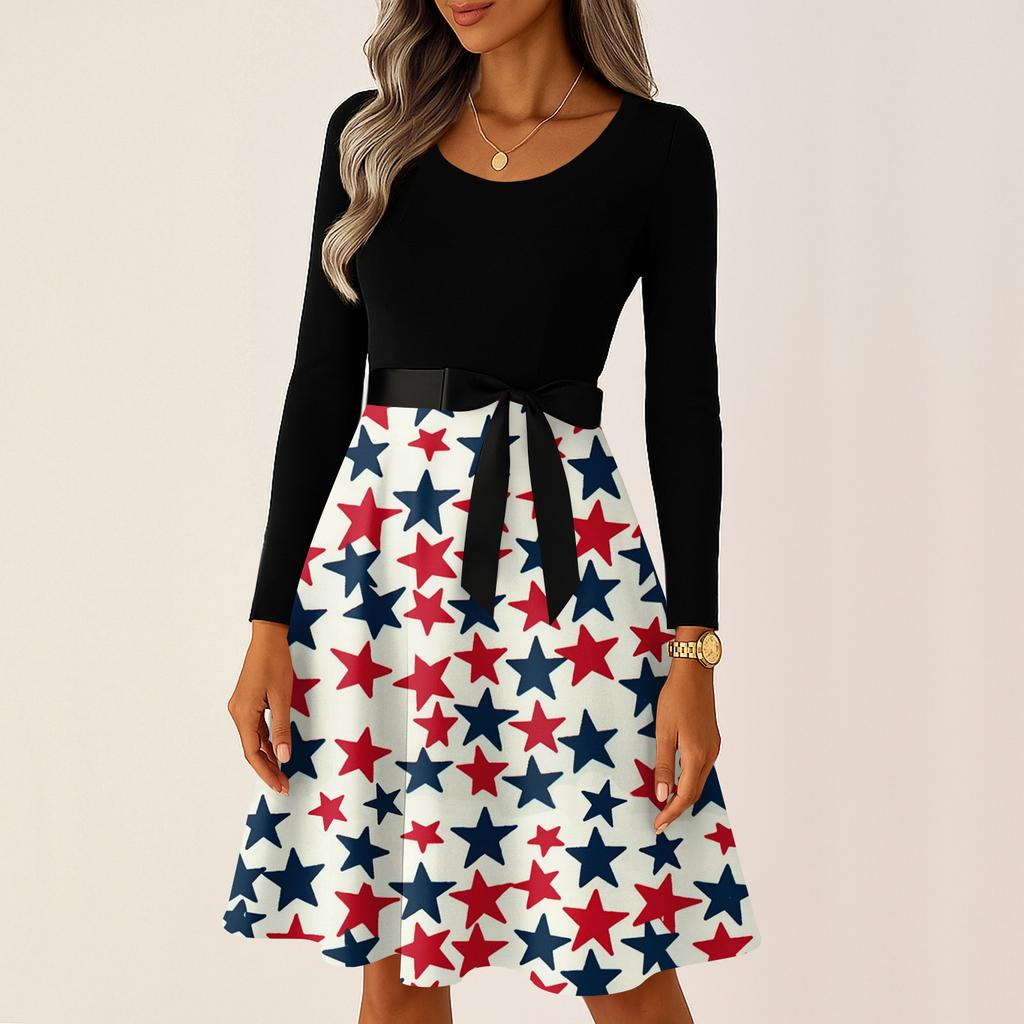Ladies' Casual And Fashionable Round Neck Long Sleeved Retro Independent Day Print Retro Dress