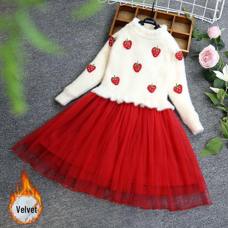 Strickkleid mit Erdbeer-Puffärmeln für Mädchen – Herbst/Winter