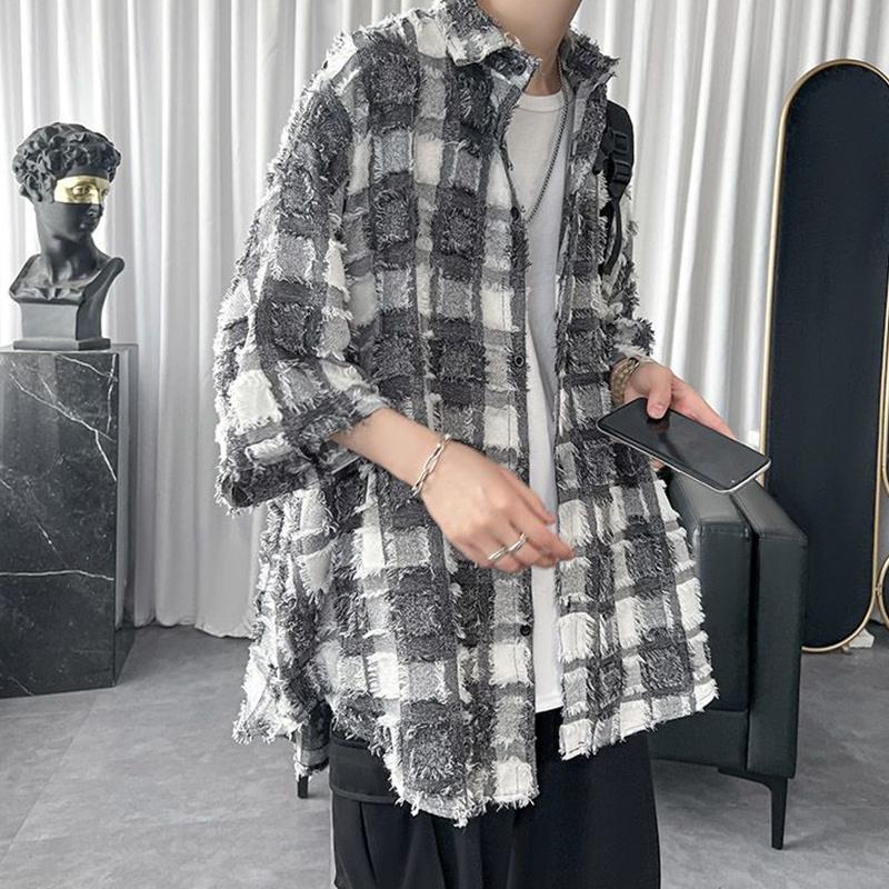 Summer Fashion Polo-neck Vintage Plaid Tassel Printing Shirt Male Half Sleeve Loose Casual Harajuku Y2K Cardigan Top Men Blouse