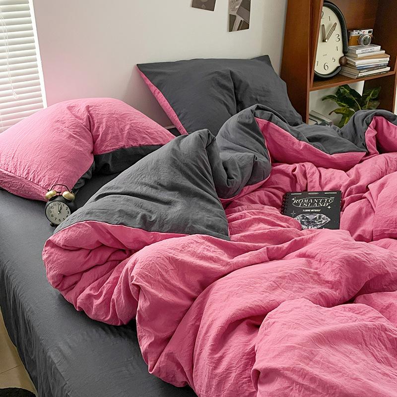 Super Soft Bed 4Pcs Set, Pure Washed Cotton Quilt Cover, Bed Sheet Full Quilt Cover, Bed Hat Student Three 4-Piece Set