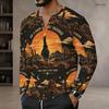 Men S Plus Size Notch Neck Long Sleeve Pullover Western Desert Cowboy Printed Black Orange