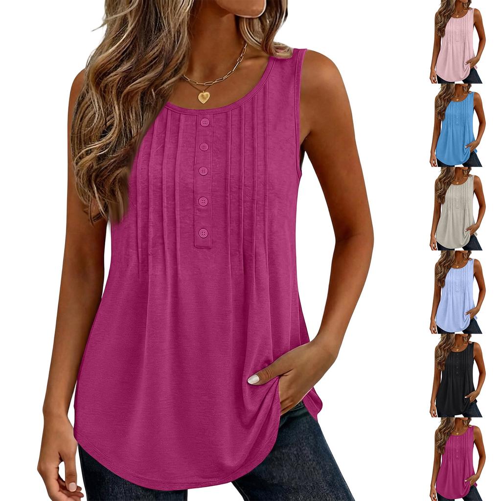 Women Sleeveless Button Detail Pleated Front Tank Top Casual Loose Fit Round Neck Summer Blouse Soft Lightweight Fabric