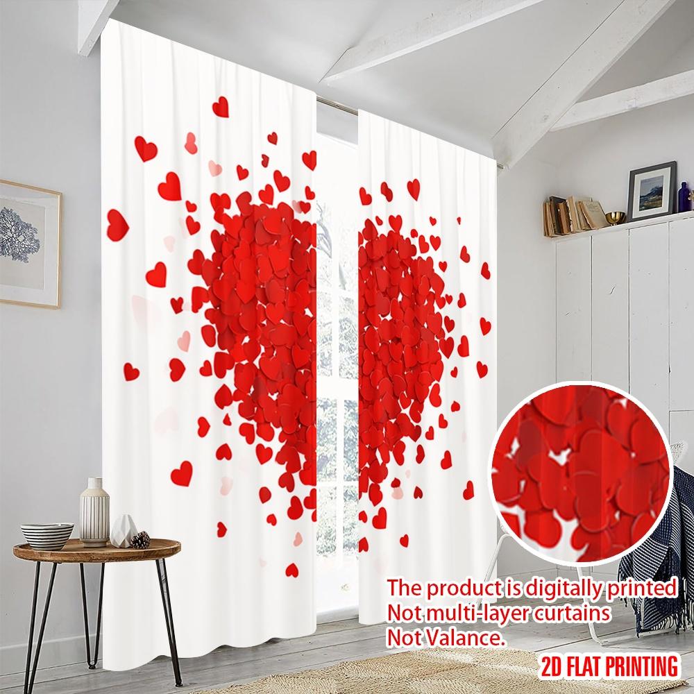2pcs,2D Plane Printing Light Filtering Curtains Red Heart Explosion Versatile Durable Polyester (without Rod) All Seasons Use