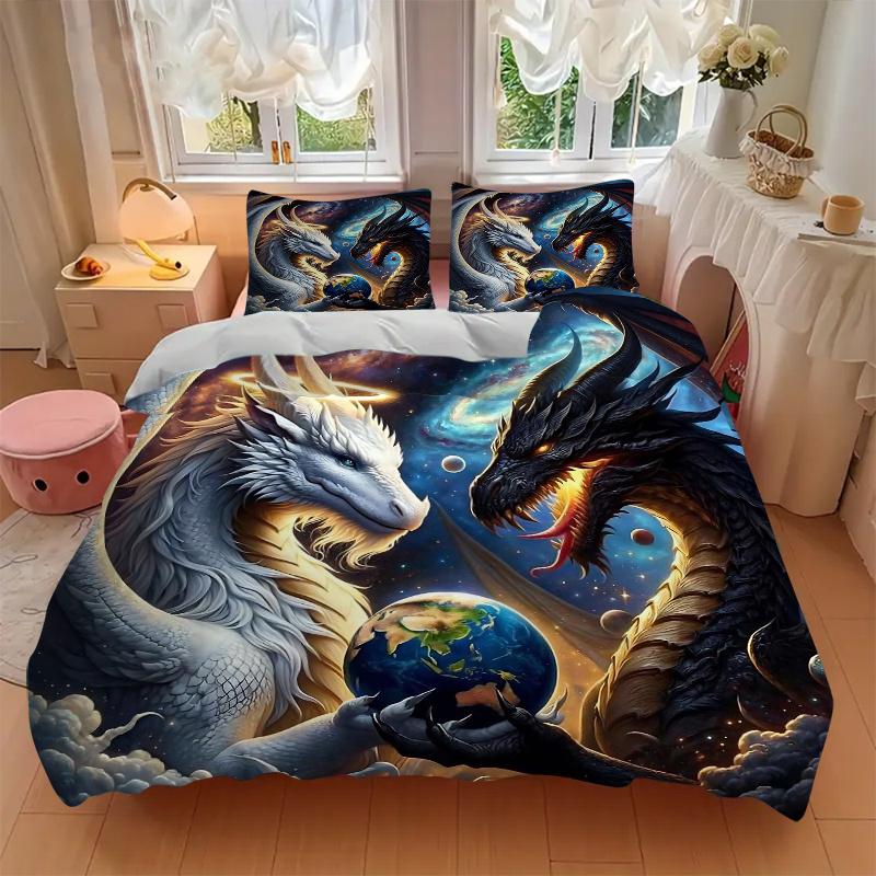 3pcs Two Dragons One Earth Printed Duvet Cover Set (1 * Cover+2 * Pillowcase, Without Core), Suitable for Home Bedroom, Guest Room, Dormitory Dec