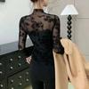 Damen Slim Fit Spitzenunterhemd, Halboher Kragen, Beflockte Langarm - Perfekt für Herbst und Winter