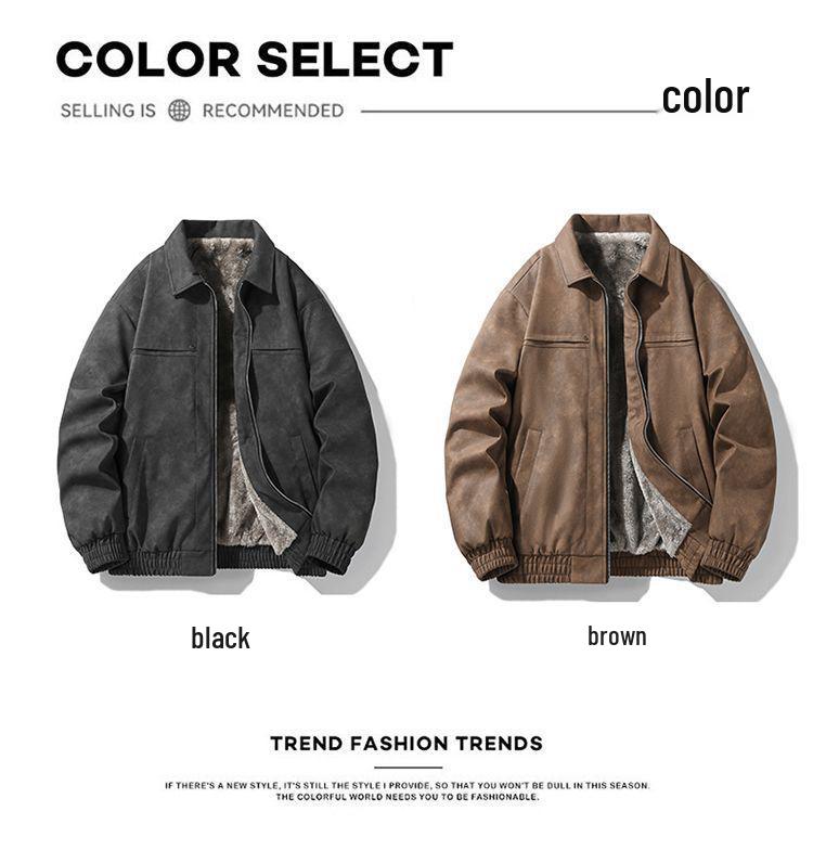 Men's Fleece-Lined Leather Jacket: Warm, Windproof, Versatile Winter Coat with Turn-Down Collar