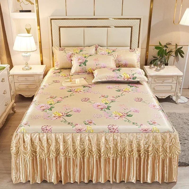 Korean Version Lace Solid Color Bed Skirt Three Piece Set, Skin Friendly Double-layer Bed Cover Non Slip Bed Cover Falda De Cama