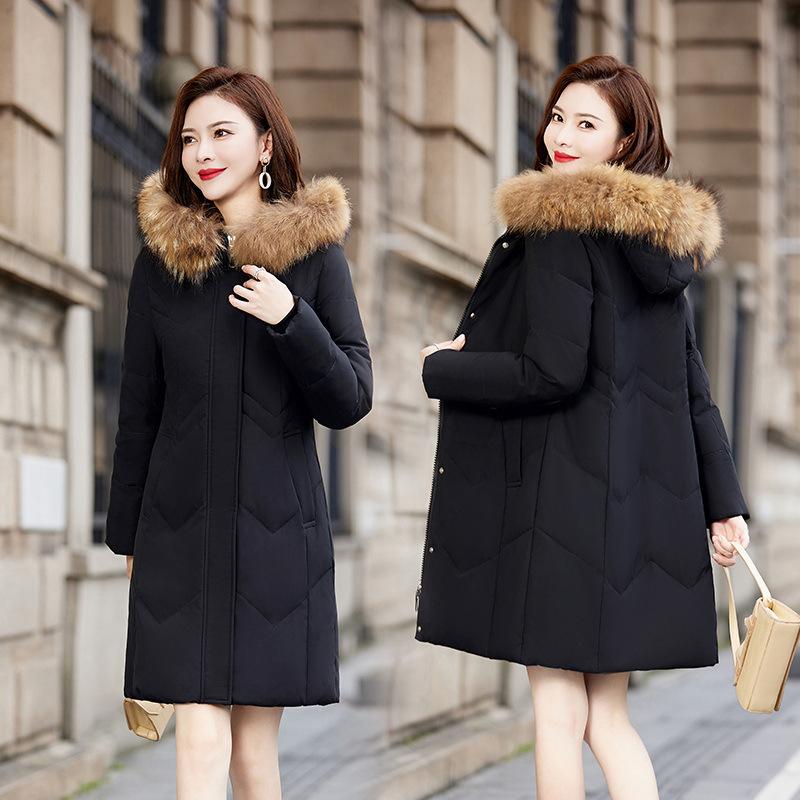 Пуховик женский зимний новый корейский стиль средней длины с большим меховым воротником — фото 3