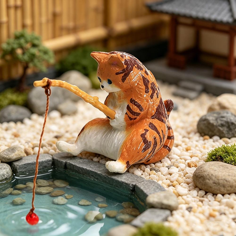 Fish Tank Side Mini Resin Cartoon Fishing Cat Kitten Hanging Creative Fun Micro Landscape Office Ornaments Aquarium Decoration