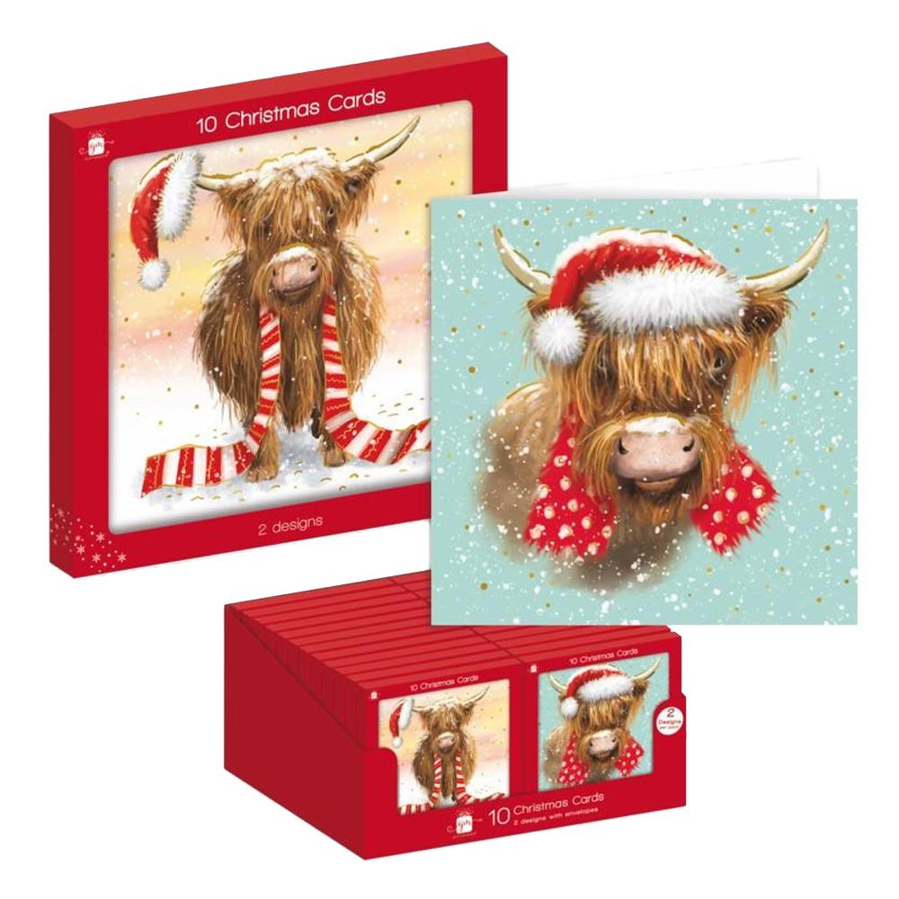 IG Design Square Highland Cow Christmas Greetings Card (Pack of 10)