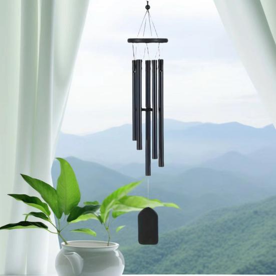 Black Wind Chime with 6 Metal Tubes S-shaped Hook Natural Soothing Melody Garden Patio Outdoor
