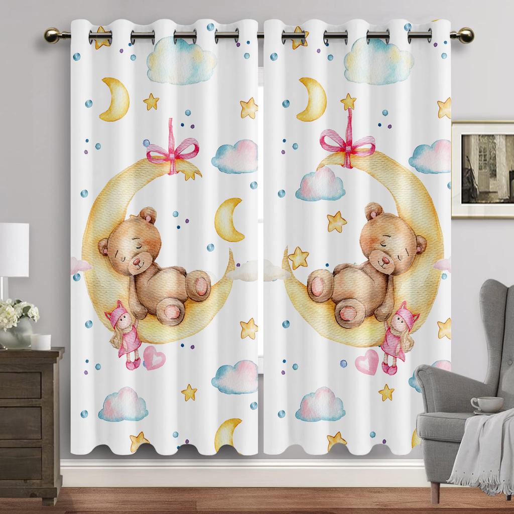 Cartoon Animals Window Curtain Living Room Watercolor Bunny Bear Eyelet Curtains Moon Print New Baby Room Drapes Free Shipping