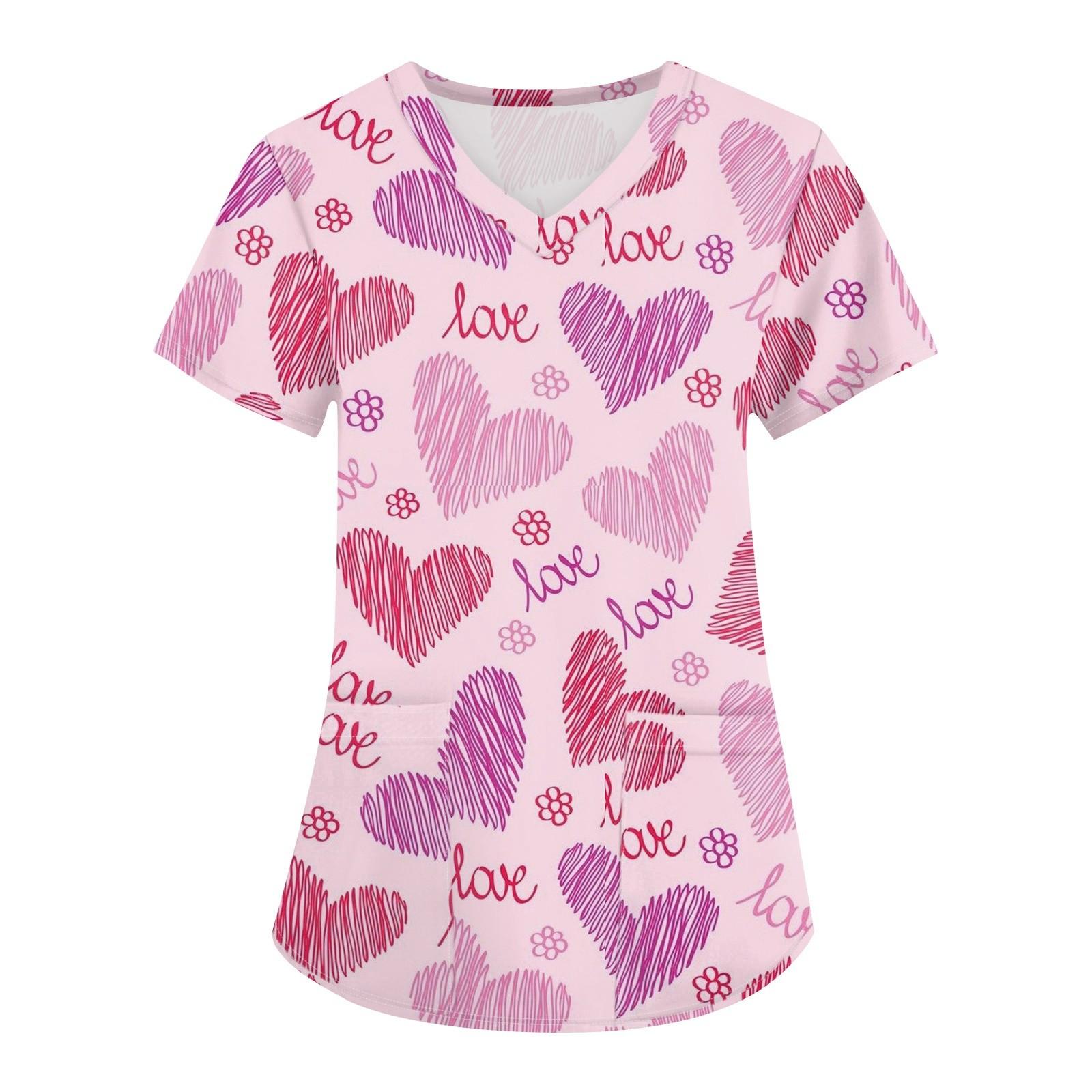 

Большие размеры, печатные рабочие униформы, топы для женщин, крестообразный V-образный вырез, День святого Валентина, принт, короткий рукав, забавные футболки, рабочая одежда, футболка с карманами XXXXL