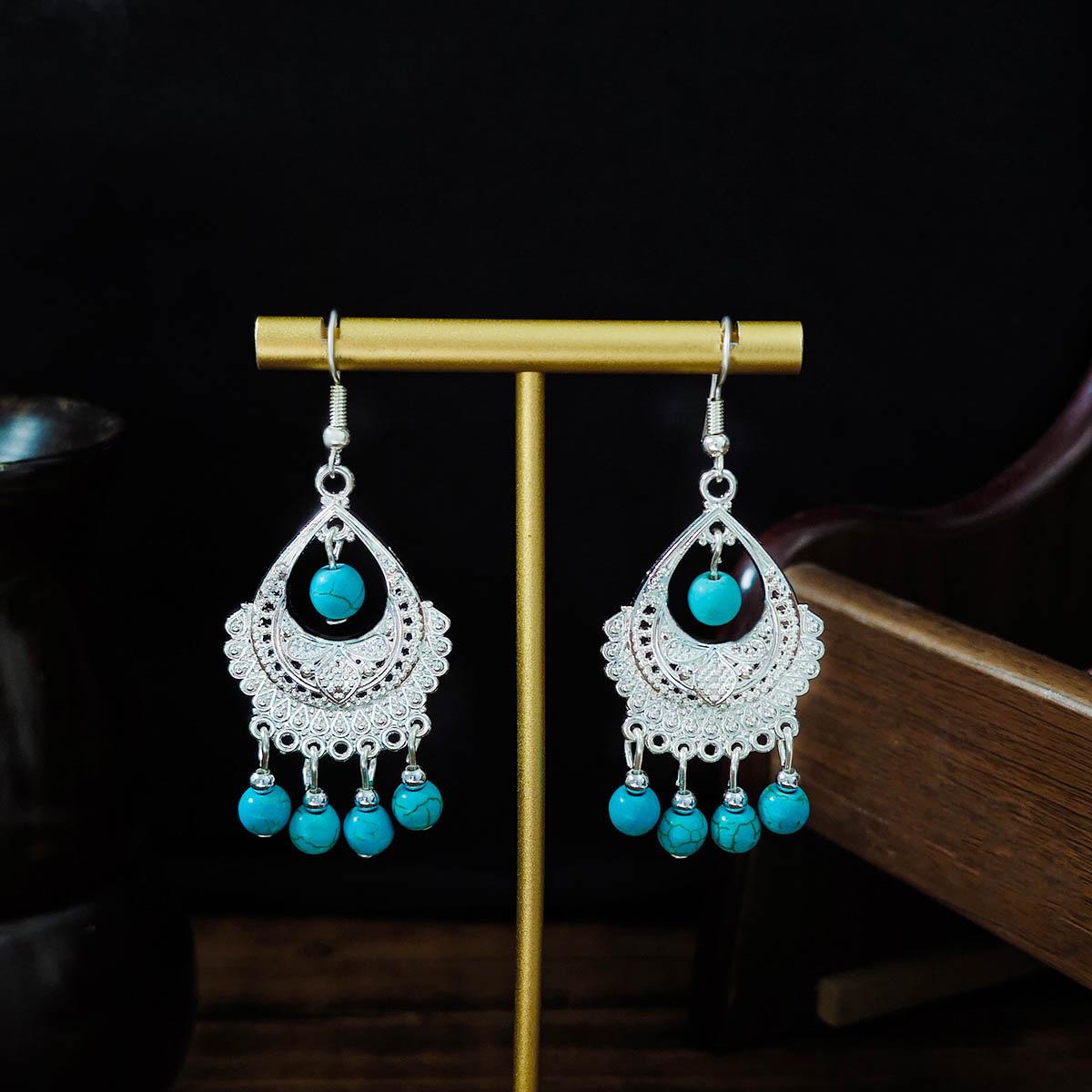 Bohemian Geometric Tassel Turquoise Earrings in Retro Ethnic Style