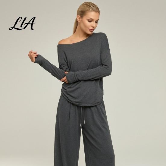 Solid Color Matching Sets Women Sweatshirt Pants 2-Piece Set, Off Shoulder Long Sleeve Top & Lounge Set Wide Leg Trousers, for Spring Autumn Two
