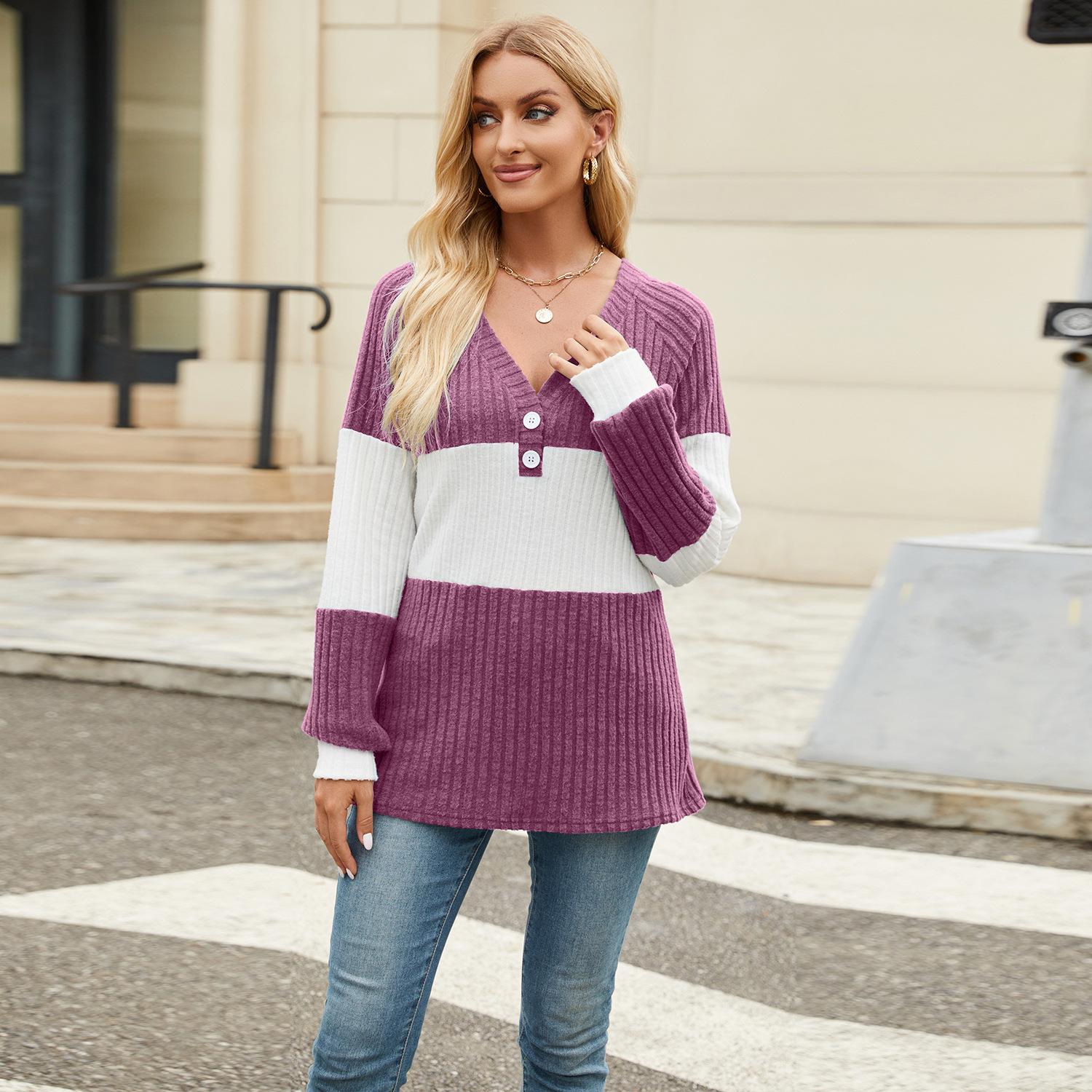 

Женский осенне-зимний топ с длинным рукавом и V-образным вырезом Color Collision Loose Button Plus Size 2XL маджента